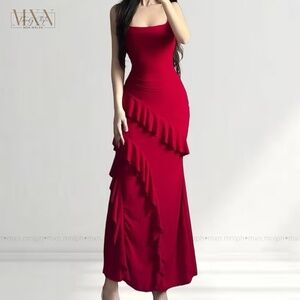 red ruffle maxi bodycon dress knitted fabric